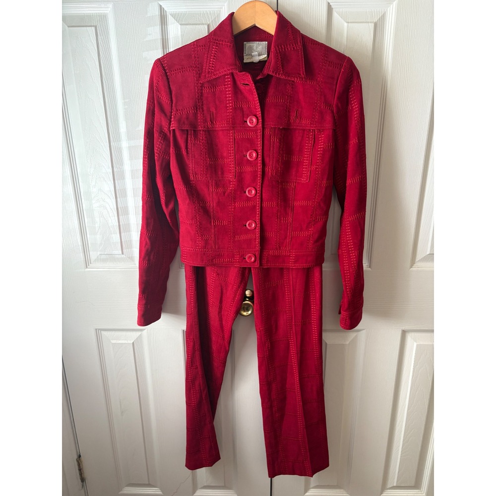 VINTAGE 90's Alberto Makali for Cache Red Patchwork Faux Suede Pantsuit 4
